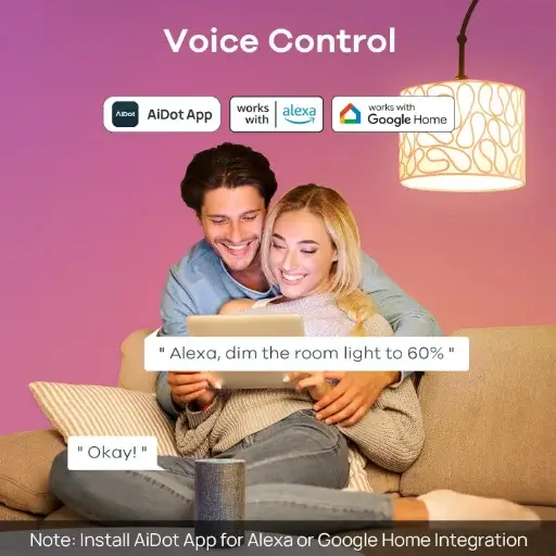  A happy couple using Alexa to control their Linkind Smart Light Bulbs in a cozy indoor setting.