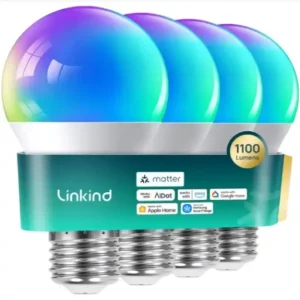 Linkind Smart & Matter Smart Light Bulbs A19 E26 LED, 11W Energy Saving, 1100 Lumens 75W Equivalent, RGBW Color Changing with Music Sync, 4-Pack for New Smart Homes.