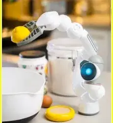 Close-up of an advanced autonomous security robot showing precision engineering in a modern home environment.