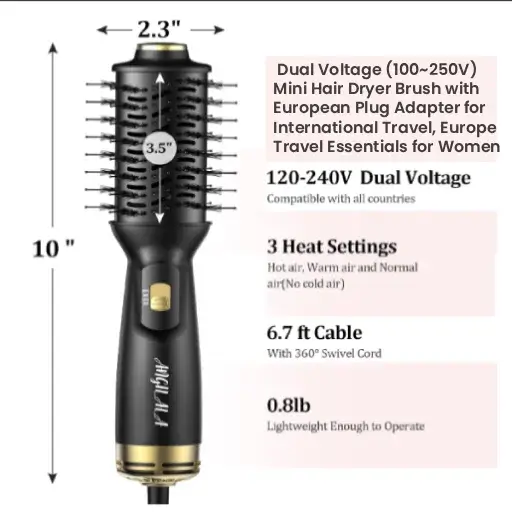 Best Dual Voltage Hair Dryer Brushes including Angilala mini hot air brush with European plug adapter for international travel