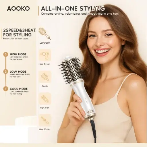 Aooko white and gold ceramic hot air brush with 3 heat settings and ergonomic handle for drying and volumizing