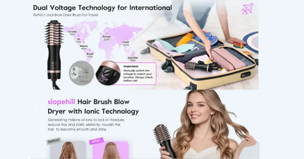 Best Dual Voltage Hair Dryer Brushes Under $60 featuring dual voltage technology for international travel with manual switch.