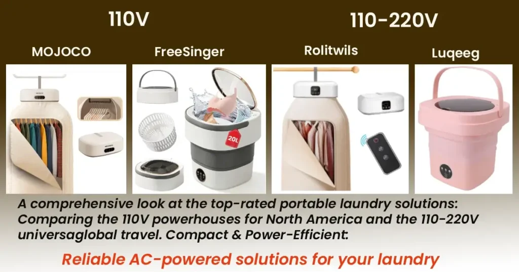 Hero image showcasing a comparison between 110V and 110-220V portable washers and dryers including MOJOCO, FreeSinger, Rolitwils, and Luqeeg.