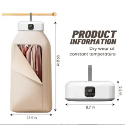 Best Travel Dryer and Washer: Why MOJOCO Dryer and FreeSinger 20L Washer are Essential Even Separate 5 Rolitwils portable clothes dryer product information showing dimensions 59.8 inches height and compact storage size 8.7 inches.