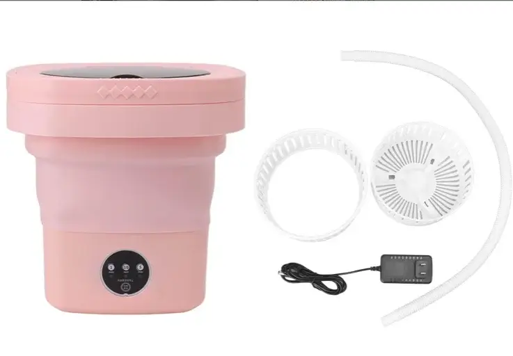Best Travel Dryer and Washer: Why MOJOCO Dryer and FreeSinger 20L Washer are Essential Even Separate 6 Luqeeg pink portable washing machine set with foldable body, spin-dry basket, drain hose, and power adapter for best travel laundry experience.