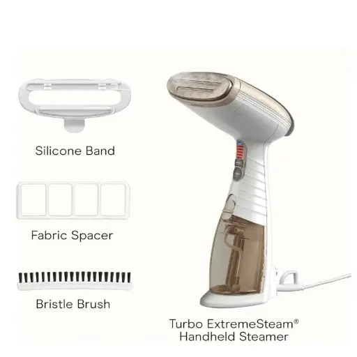 Conair Portable Travel Steamer-Iron Garment with turbo steam settings and a large water tank for continuous performance and accessories including silicone band, fabric spacer, and bristle brush for all garment types