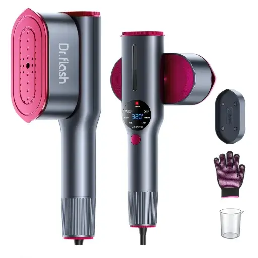DRFLASH Portable Travel Steamer-Iron Garment featuring digital temperature control, heat-resistant glove, and water cup