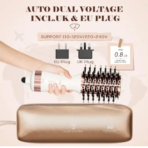  Hair Trends white and rose gold Nano Titanium hot air brush with 0.8 lb lightweight design, auto dual voltage, and UK/EU plug adapters.