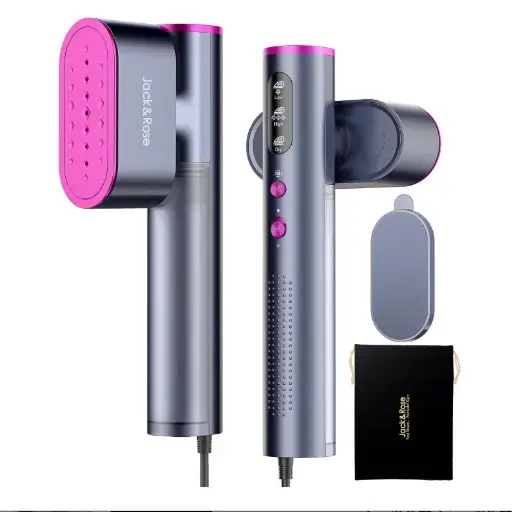 Jack & Rose Portable Travel Steamer-Iron Garment with rotatable handle, smart settings, and protective carry pouch