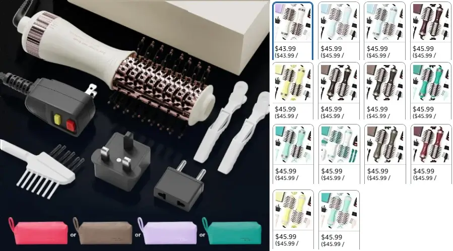 Madremia automatic dual voltage dryer brush with interchangeable heads, travel adapters, and storage bag.