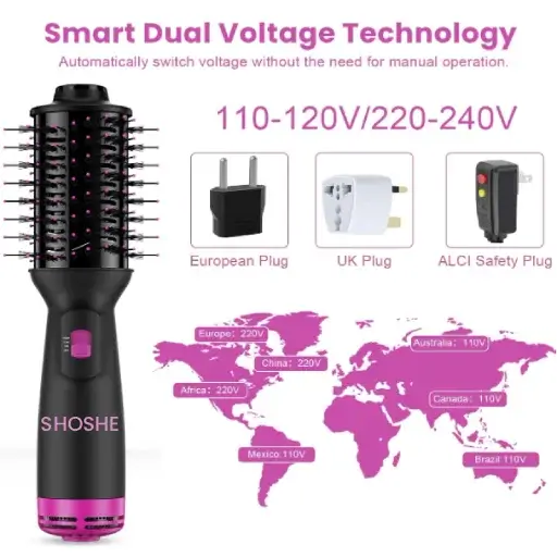 Shoshe black and pink ceramic hot air brush featuring smart dual voltage technology and international plug adapters
