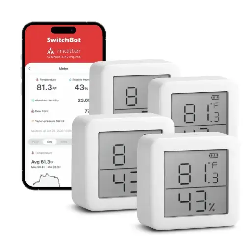 SwitchBot Smart Hygrometer 4-Pack with VPD and Dewpoint monitoring for indoor plants and greenhouses.