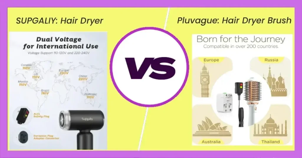 Comparison of SUPGALIY Hair Dryer and Plavogue Hair Dryer Brush - Best Dual Voltage Travel Hair Dryer for international travel