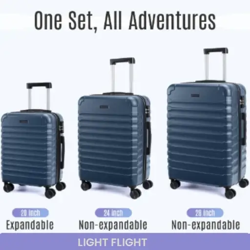 LIGHT FLIGHT 3-Piece Suitcase Set size, capacity, and weight specifications chart.