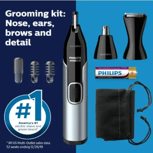 ZORAMI vs. Philips Norelco 5000: The Ultimate Ear and Nose Hair Trimmer Battle (Modern Against Classic) 4 Philips Norelco 5000 grooming kit for nose, ears, and eyebrows with AA battery and attachments