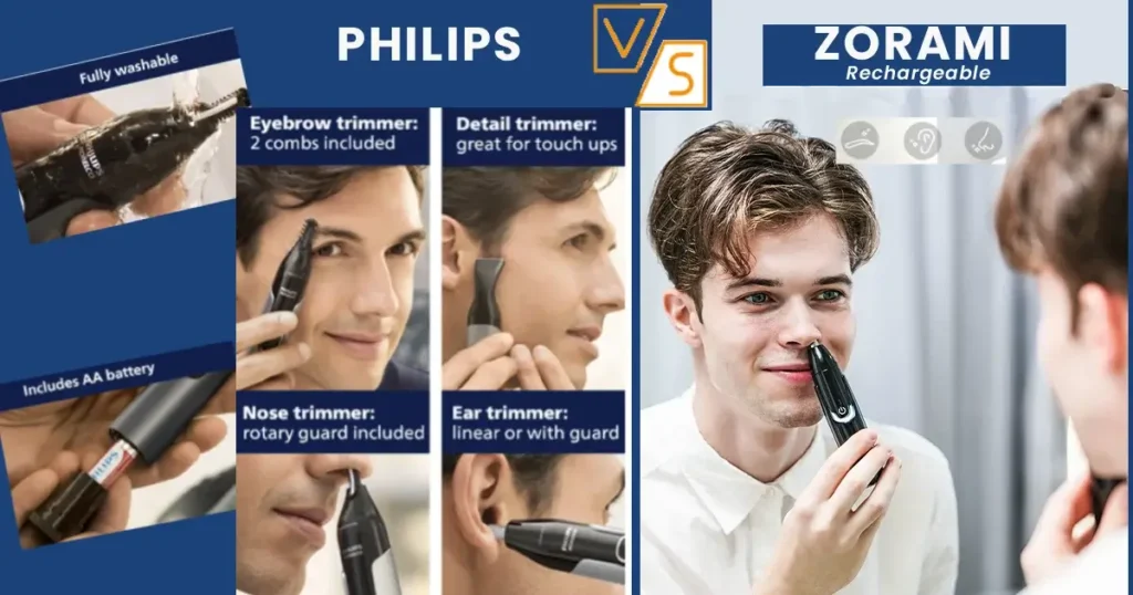 Comparison between Philips Norelco 5000 and ZORAMI rechargeable ear and nose hair trimmer