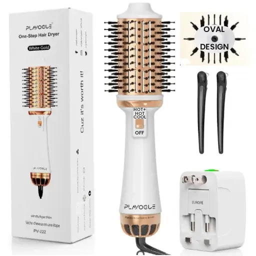 Plavogue One-Step Hair Dryer Brush with Oval Design, Hair Clips, and Travel Adapter - Best Dual Voltage Travel Hair Dryer for styling.