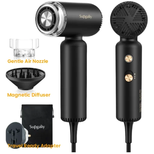 SUPGALIY Dual Voltage Travel Hair Dryer with Magnetic Diffuser, Gentle Air Nozzle, and Travel Ready Adapter.