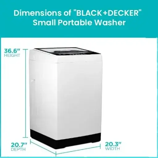  A white BLACK and DECKER small portable washer with blue arrows showing its height of 36.6 inches, depth of 20.7 inches, and width of 20.3 inches

