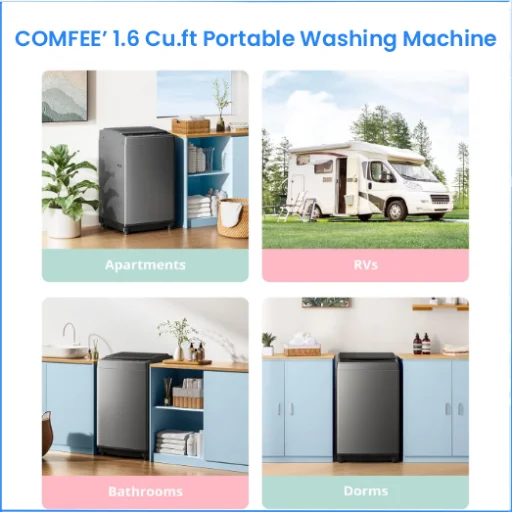 A four-panel image showcasing a grey COMFEE portable washing machine used in different settings including apartments, RVs, bathrooms, and dorms