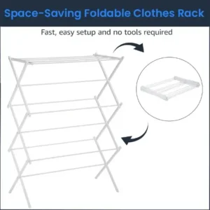 A white foldable clothes drying rack shown in its fully opened position and a small circular diagram displaying the rack folded completely flat for easy storage
