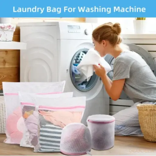 7 GOGOODA Mesh & 2 Vivifying Honeycomb Mesh Laundry Bags with Zipper | Ultimate Wash and Dry Care for Intimates, Sneakers and Gadgets 3 Happy woman using GOGOODA mesh laundry bags with zipper for washing machine to clean delicate clothes