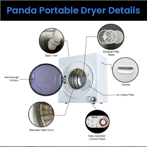 Detailed diagram of a white Panda portable clothes dryer showing components like the back vent, exhaust filter parts, handle and see-through window.