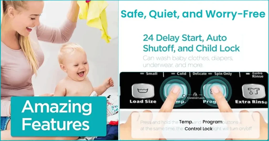 A mother smiling at her happy baby next to a display showing automatic washing machine safety features like child lock and delay start.
