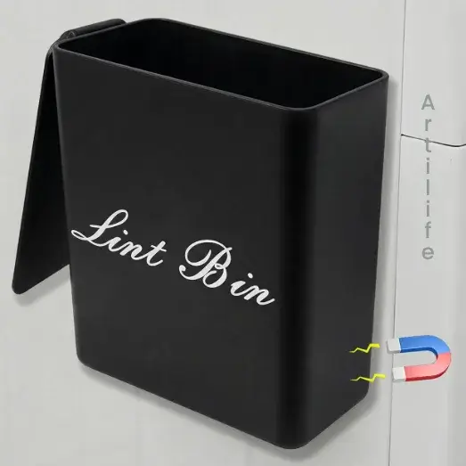 Artilife Compact Black Plastic Magnetic Lint Bin with fitted lid and magnetic backing