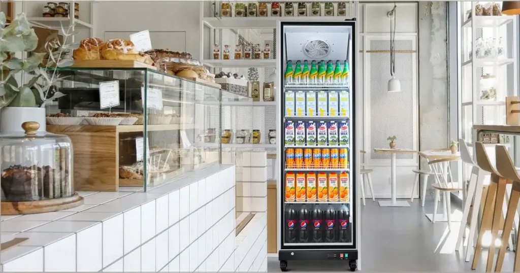 Commercial beverage refrigerator with glass door fully stocked in a modern cafe interior