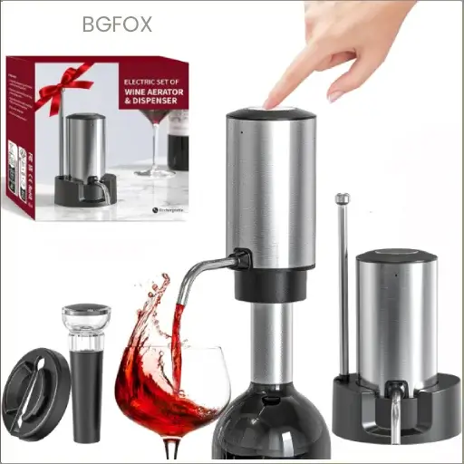 A product image showcasing the silver BGFOX electric wine aerator and dispenser kit with its retractable straw, vacuum stopper, foil cutter, and dedicated storage base.