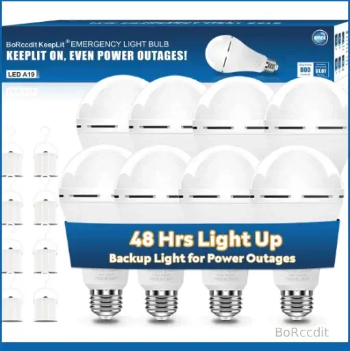 An 8 pack of BoRccdit KeepLit emergency rechargeable light bulbs with power hooks and plug adapters.