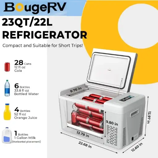 BougeRV 23 Quart smart portable refrigerator capacity and dimensions chart for car fridge