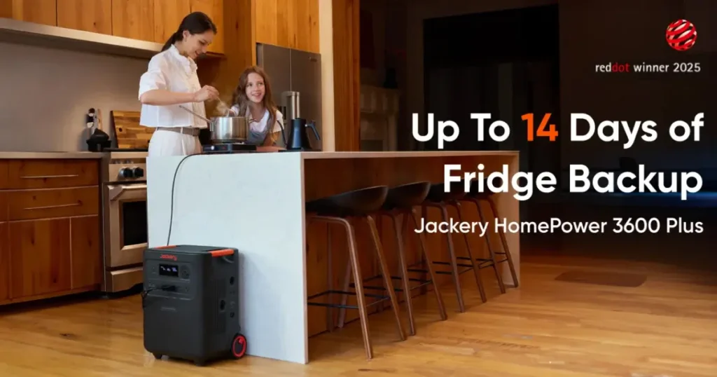 Jackery HomePower 3600 Plus portable home power solution running a kitchen refrigerator during a blackout