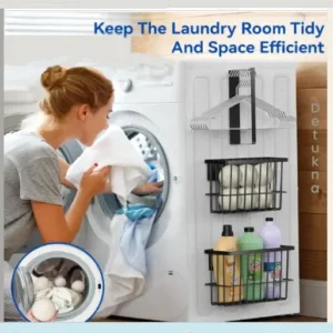 3-piece black metal magnetic dryer ball holder and hanger organizer set attached to a washing machine side panel