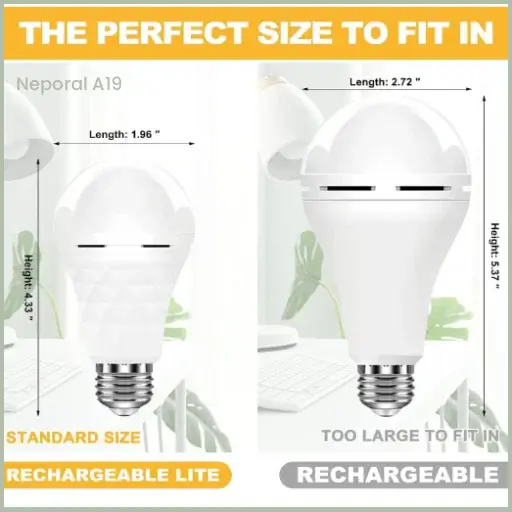 Comparison between Neporal A19 Rechargeable Lite standard size bulb and a larger rechargeable bulb showing dimensions