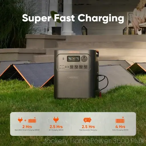 Jackery solar generator showing fast charging options as part of your portable home power solutions during a blackout.