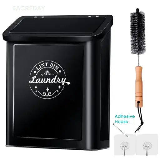 SACREDAY Black Metal Magnetic Lint Bin for Laundry Room with Lint Brush and Adhesive Hooks