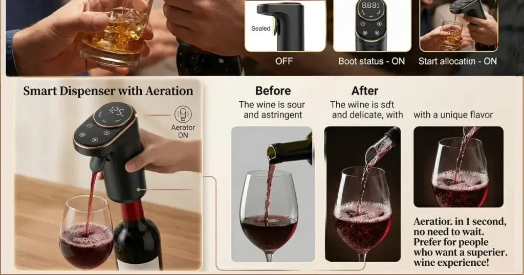 3 Incredible Smart Electric Devices for Perfect Automatic Liquor Aerator & Decanter: Featuring Revolutionary Wine-Only and All-Spirits Options 14 An infographic illustrating an automatic liquor aerator & decanter with a digital screen attached to a bottle, highlighting the quick 1-second aeration process and showing how the flavor profile changes from sour and astringent to soft and delicate.