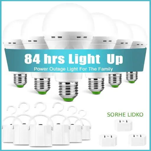 The retail packaging box of SORHE LIDKO emergency rechargeable light bulbs 6 pack.