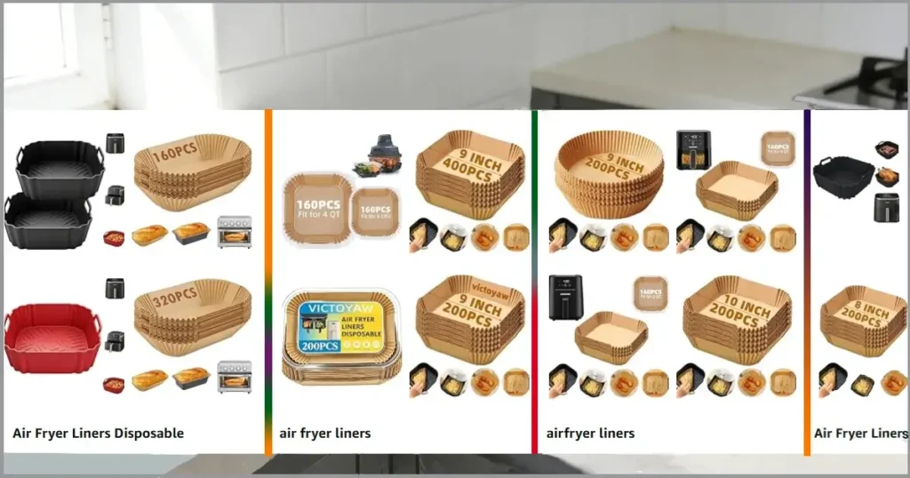 4 Guaranteed Air Fryer Liner Secrets Every Frustrated Home Cook Needs to Know 6 A multi-panel product comparison showing different sizes and packages of a disposable air fryer liner next to reusable silicone baskets.