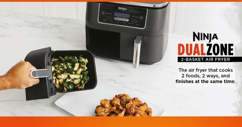 4 Secret Basket Air Fryers for Heartwarming Family Meals 7 Ninja DualZone double basket air fryers with chicken wings and roasted broccoli on a kitchen counter