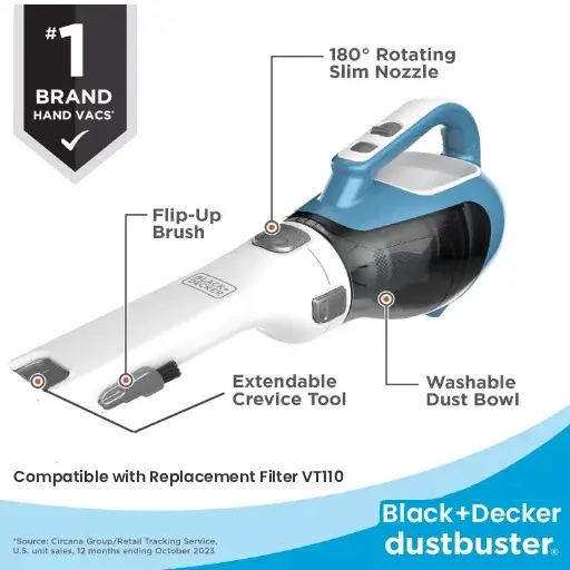 BLACK+DECKER dustbuster with rotating slim nozzle, one of the best emergency portable car gadgets for quick vehicle cleaning.