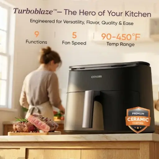  Cosori TurboBlaze premium basket air fryer with ceramic coating on a kitchen countertop

