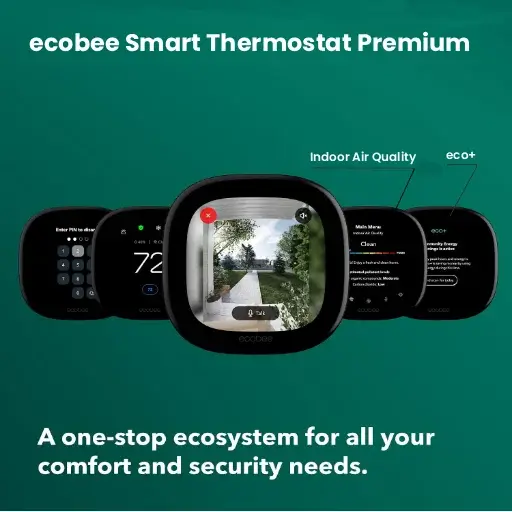 ecobee Smart Thermostat Premium showcasing integrated security camera preview indoor air quality metrics and smart thermostat control options