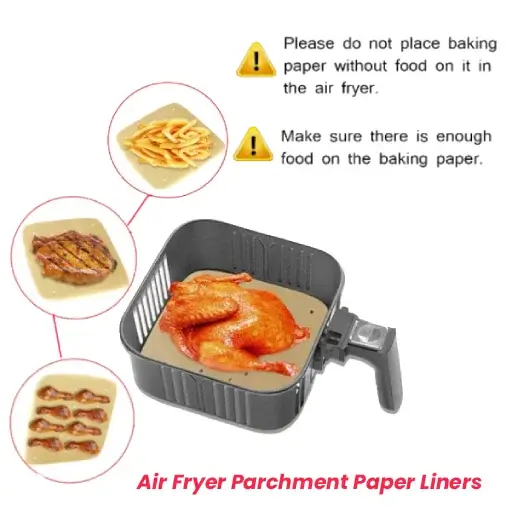 An instructional graphic showing how to safely weigh down an air fryer liner with food to prevent fire hazards.
