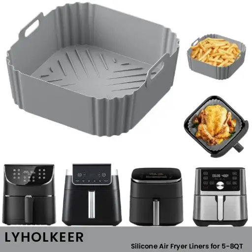 An Amazon product listing showing the 8.8 inch LYHOLKEER square silicone air fryer liner compatible with Philips window models.

