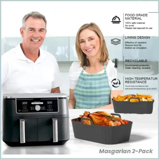 A smiling couple in a kitchen presenting the Masgarlan 2-pack food-grade silicone inserts alongside a dual-basket air fryer.