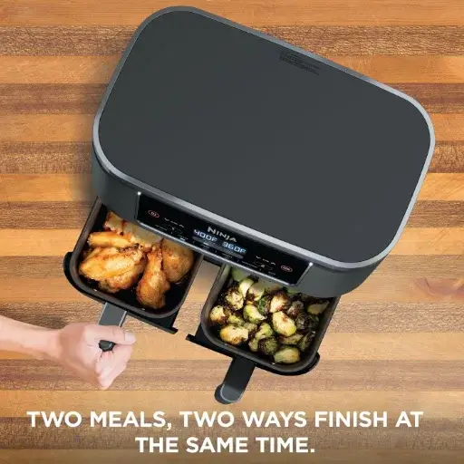 Ninja DualZone double basket air fryers cooking two meals simultaneously to finish at the same time