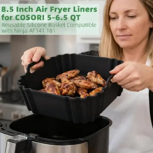 A woman lifting a black square silicone air fryer liner loaded with chicken wings from a Cosori basket using side handles.